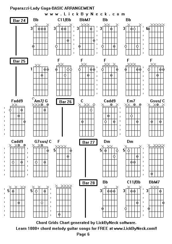 Chord Grids Chart of chord melody fingerstyle guitar song-Paparazzi-Lady Gaga-BASIC ARRANGEMENT,generated by LickByNeck software.